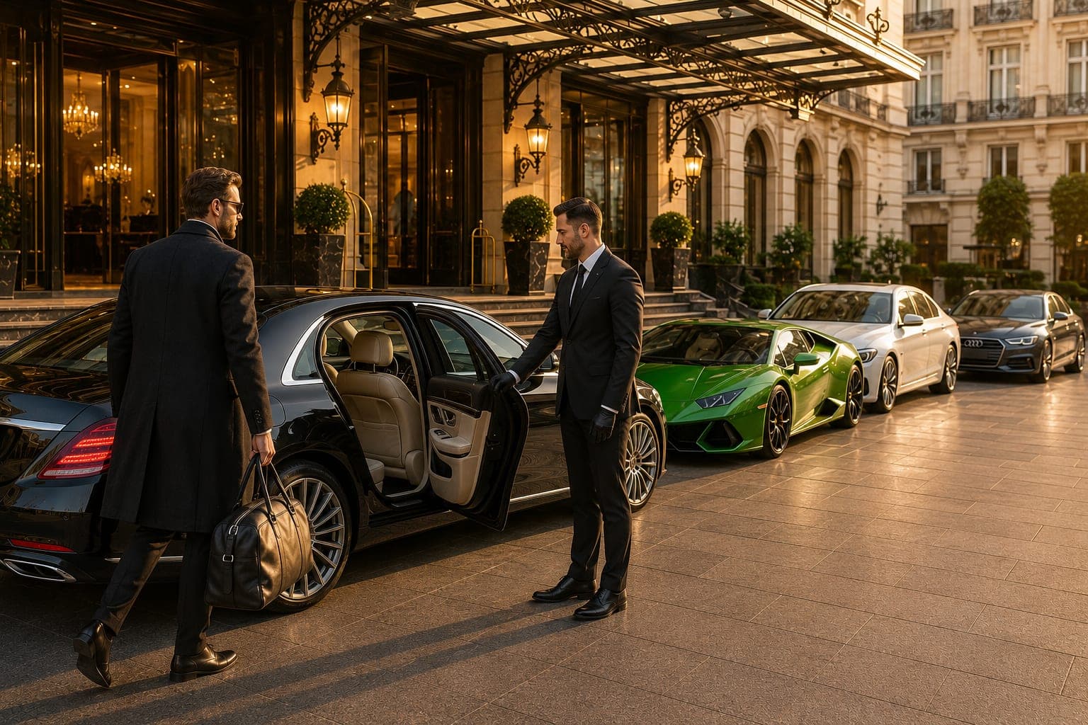 Chauffeur holding the door of a luxury car for a guest